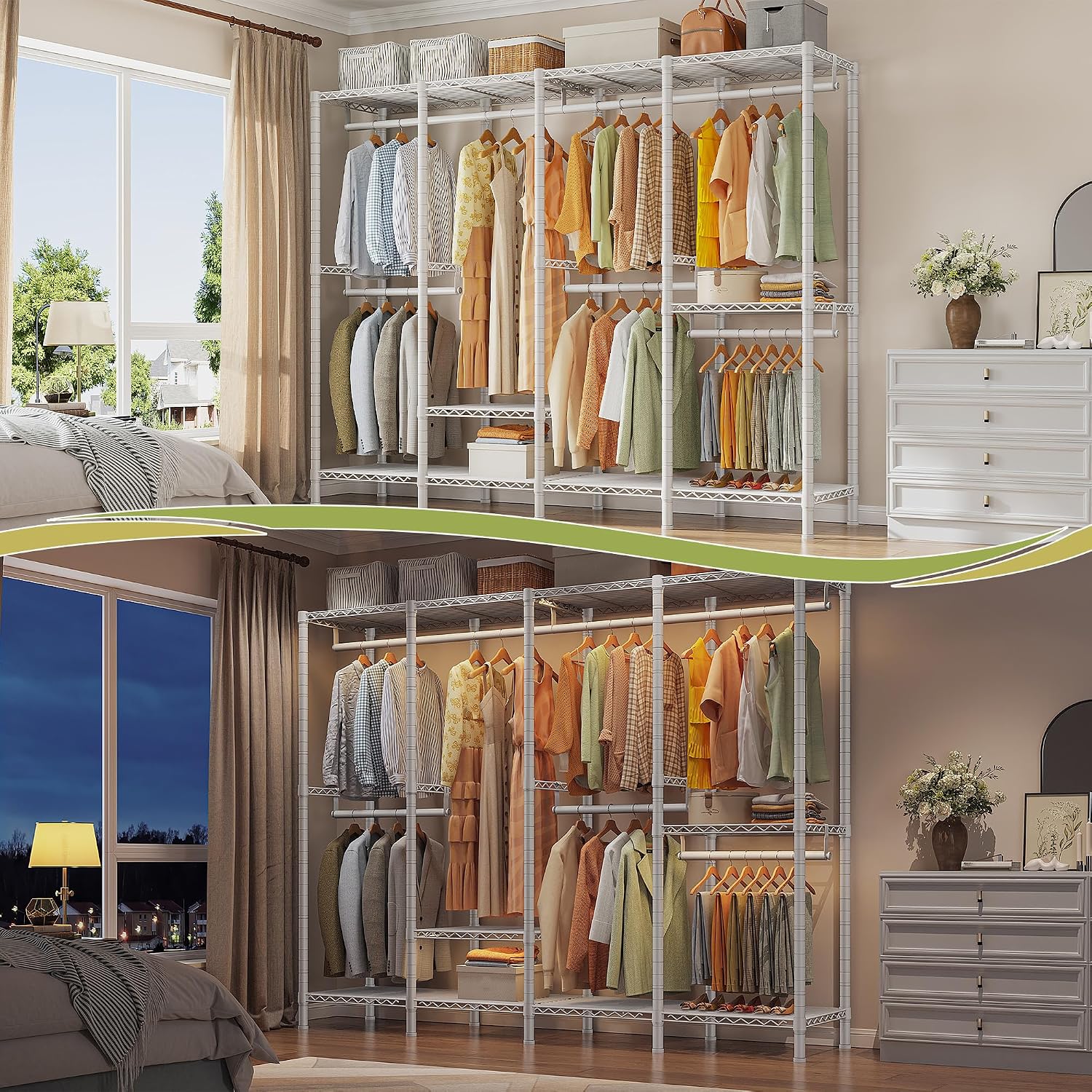 Raybee Clothing Racks for Hanging Clothes,Heavy Duty Clothes Rack with Shelves,Portable Closet Adjustable,76' W x 77' H x 18' D,Max Load 1150lbs,White