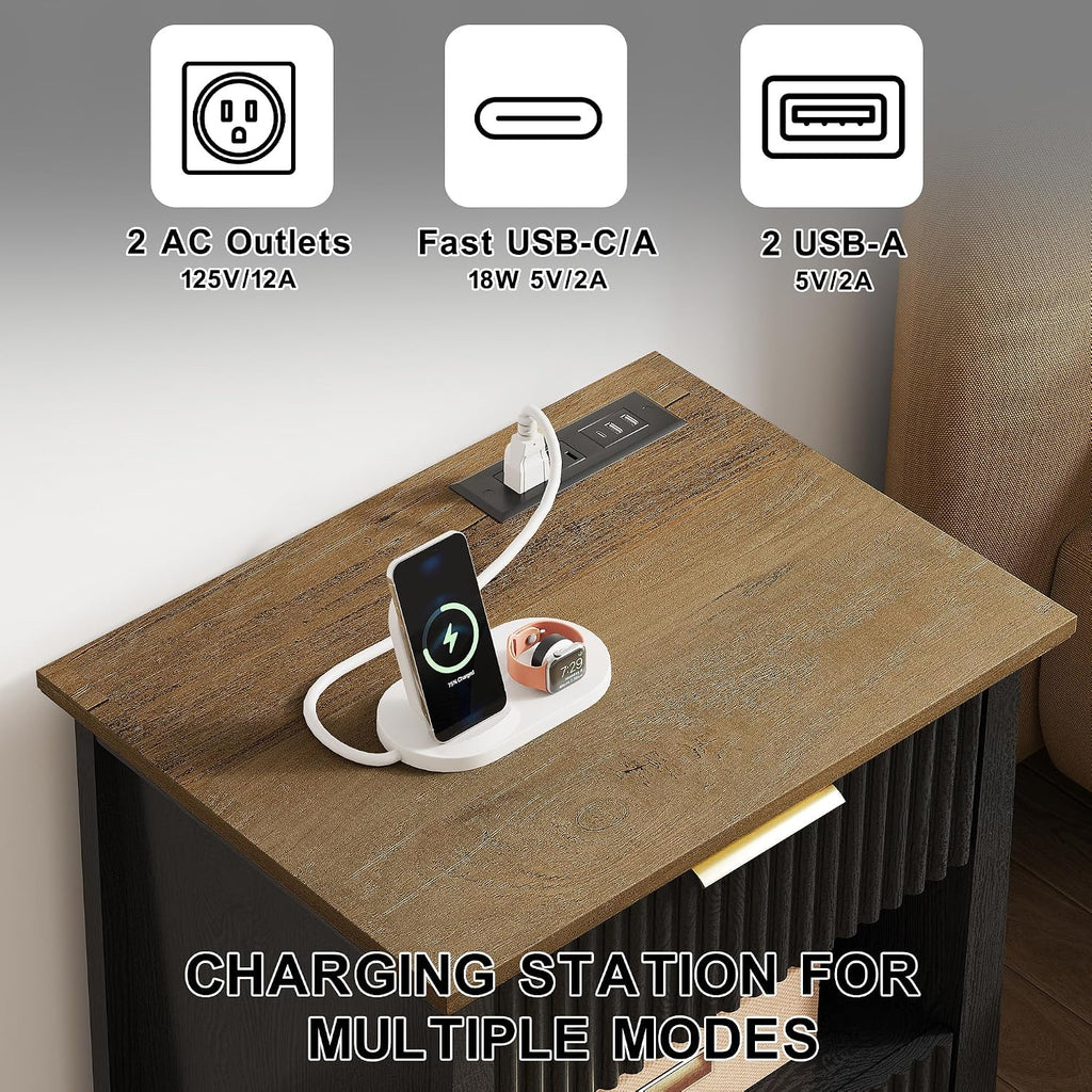 HIFYOBRO Fluted End Table Set of 2 with Charging Station and Motion Sensor Light, Modern Black Side Tables with 2 Drawers and Storage Shelf for Living Room, Bedroom, Guest Room