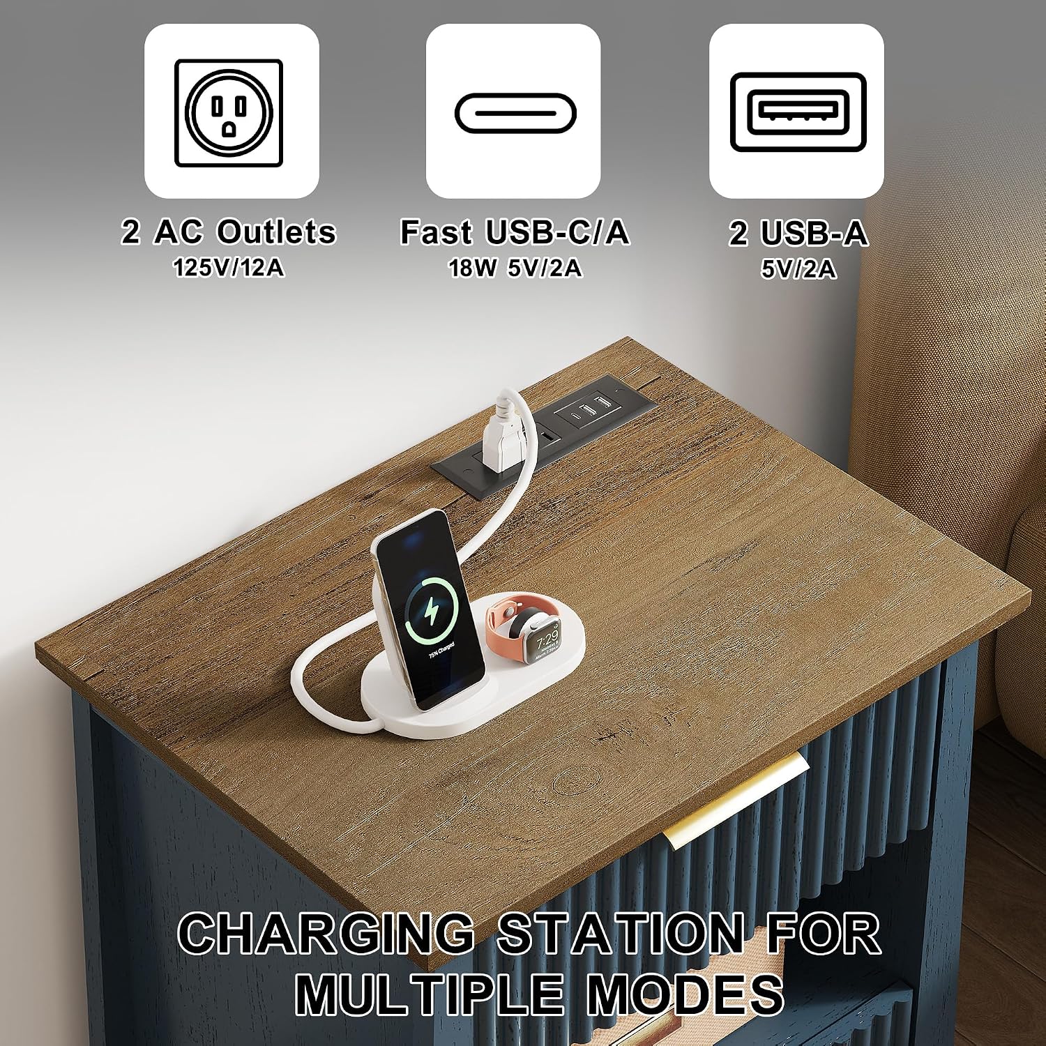 HIFYOBRO Fluted End Table with Charging Station and Motion Sensor Light, Modern Blue Side Table with 2 Drawers and Storage Shelf for Living Room, Bedroom, Guest Room