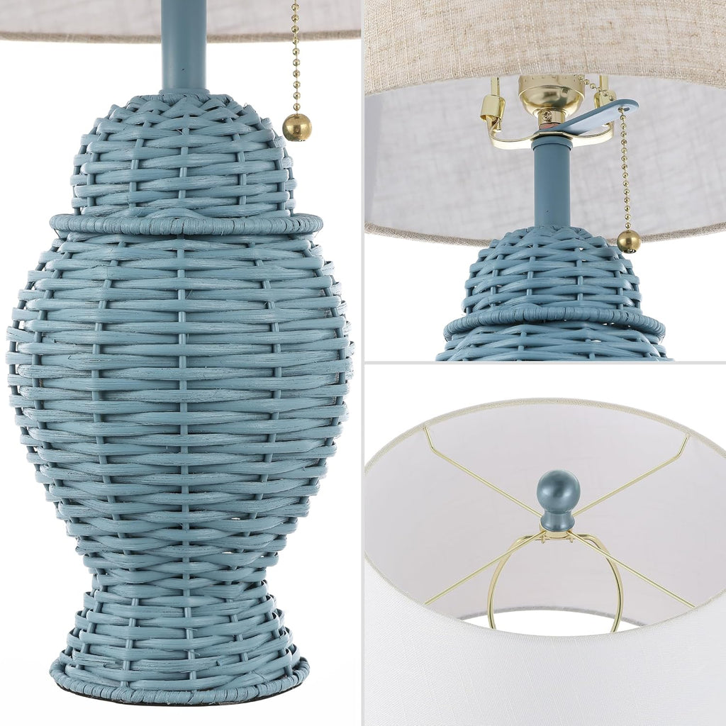 JONATHAN Y 20.5' Blue Wicker Table Lamp Set of 2, Bohemian Rustic Farmhouse Bedside Lamps for Living Room, Nightstand Desk Lamps with Beige Linen Shade, LED Bulbs Included (JYL4041B-SET2)