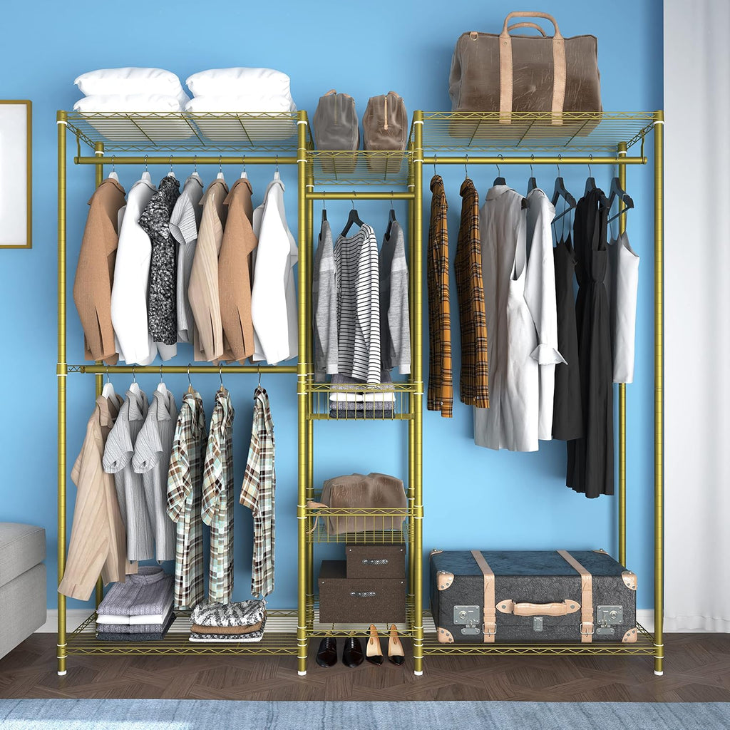 XIOFIO 6 Tiers Heavy Duty Garment Rack,Clothing Storage Organizer, Metal Clothing Rack,Clothing Rack with Hanging Rod,Adjustable Shelf and Fixed Baskets,60.7'L x 15.7'W x 70.5'H Max Load 720LBS,Gold