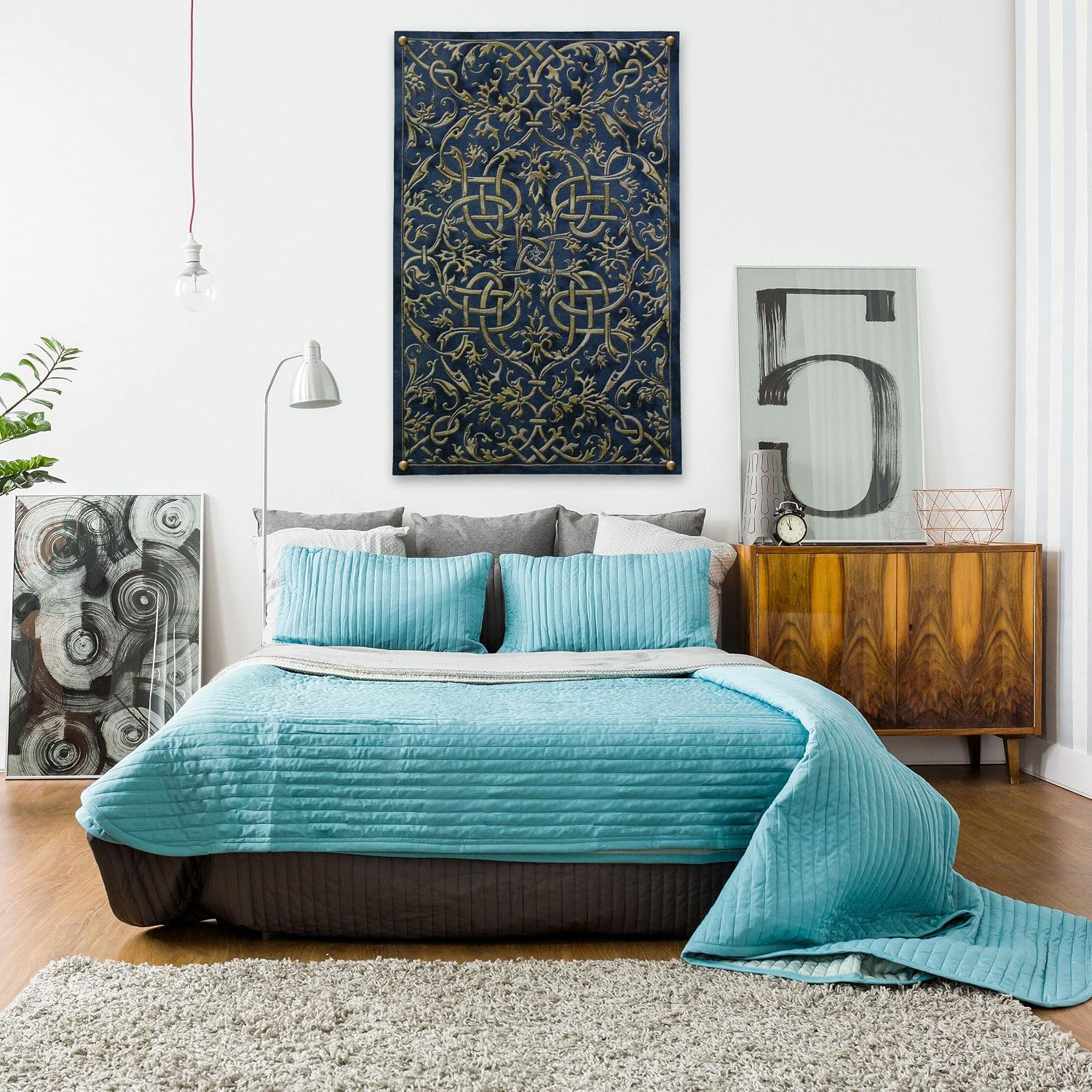 Porte Azur | Woven Tapestry Wall Art Hanging | Golden Lines on Indigo Background Intricate Scrollwork Design | 100% Cotton USA Size 79x53