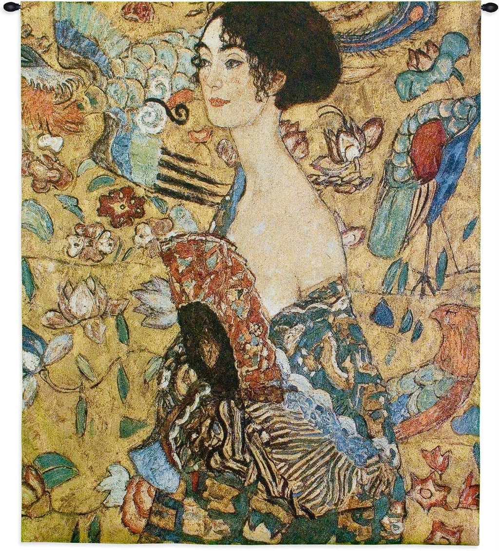 Lady with Fan by Gustav Klimt | Woven Tapestry Wall Art Hanging | Art Nouveau Colorful Abstract Woman Frau mit F??cher 1917 | 100% Cotton USA Size 52x37