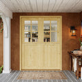 Interior & Exterior Double Dutch Door Slab, 60' x 80', Universal 4 Lite Tempered Clear Glass Split Single Door, Solid Core Home Door, Natural Pine Wood - with 4 Hinges & 1 Latch, Without Jamb