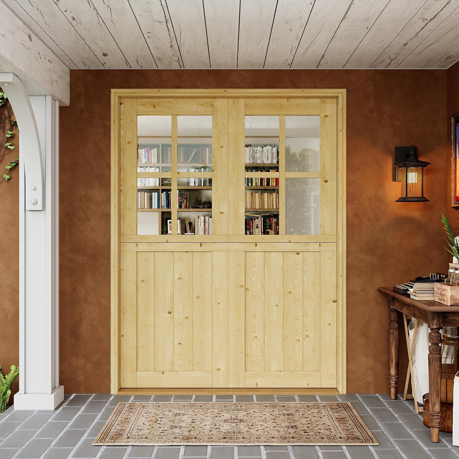 Interior & Exterior Double Dutch Door Slab, 60' x 80', Universal 4 Lite Tempered Clear Glass Split Single Door, Solid Core Home Door, Natural Pine Wood - with 4 Hinges & 1 Latch, Without Jamb