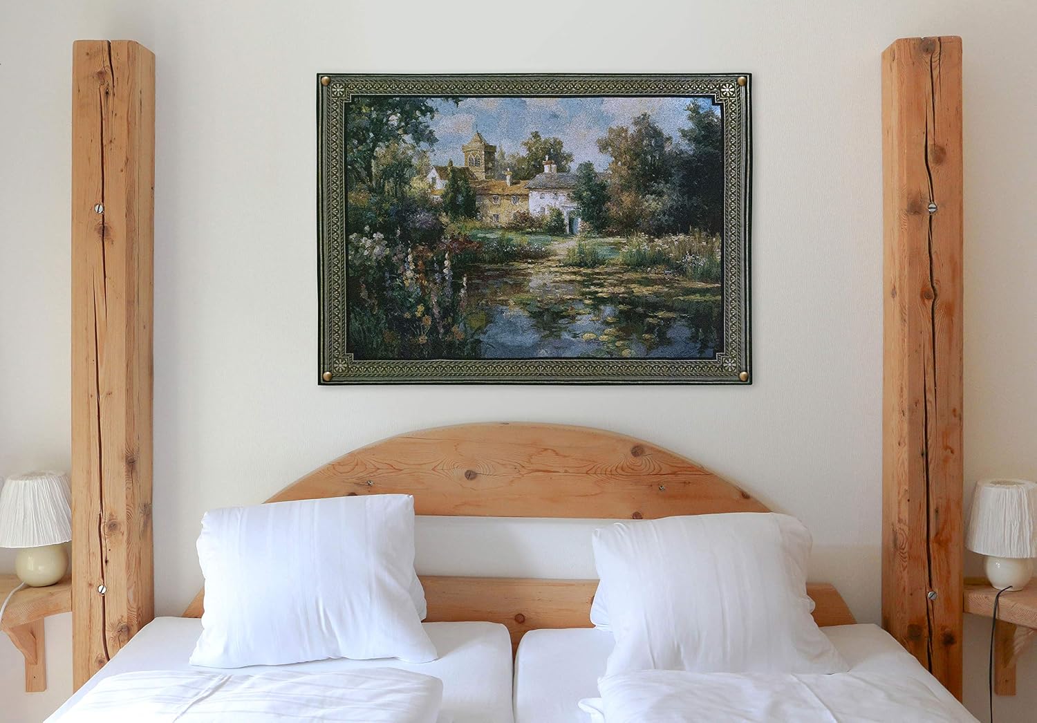 Summer Escape by Vail Oxley | Woven Tapestry Wall Art Hanging | Peaceful Floral Pond Befor Stately English Manor | 100% Cotton USA Size 53x37