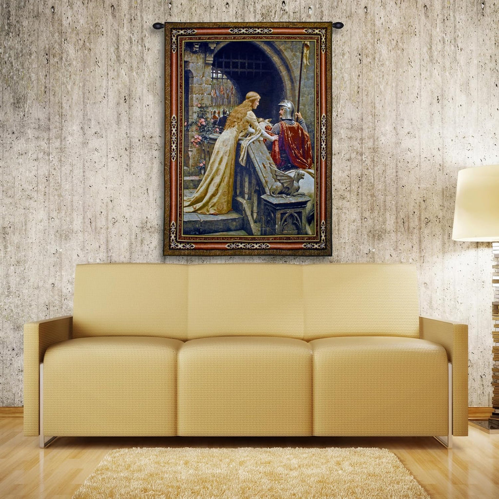 Godspeed Edmund Blair Leighton | Woven Tapestry Wall Art Hanging | Medieval Lady with Arthurian Knight | 100% Cotton USA Size 40x31