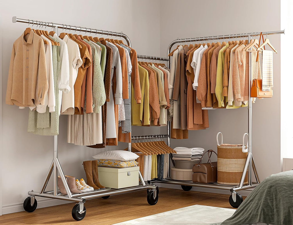 Raybee Heavy-Duty Clothes Rack, 117' W Rolling Rack with Wheels, 600 LBS Load Capacity, Holds 240+ Clothes, Portable, Adjustable, Commercial Garment Rack