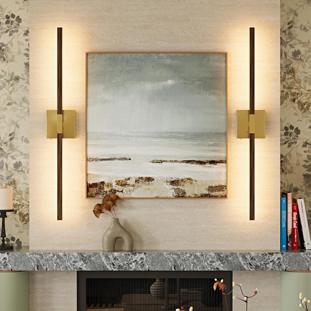 Rayogale Gold Walnut Rechargeable Wall Sconce with Remote Control 36 Inch | 3000/4500/6000K Dimmable 8000mAh Wireless Battery Operated Wall Sconces Set of Two with Timer for Living Room, Bedroom, TV