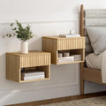 EYYTHUNG Small Floating Nightstand Set of 2, Modern Fluted Night Stand with Drawer and Open Storage Shelf Wall Mounted Bedside Tables Natural Oak