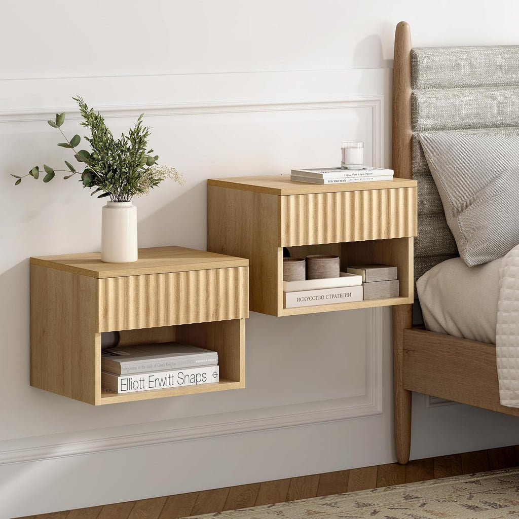 EYYTHUNG Fluted TV Stands Set of 4, Modern Small Floating Nightstand with Drawer and Open Storage Shelf Night Stand Wall Mounted Bedside Tables Natural Oak