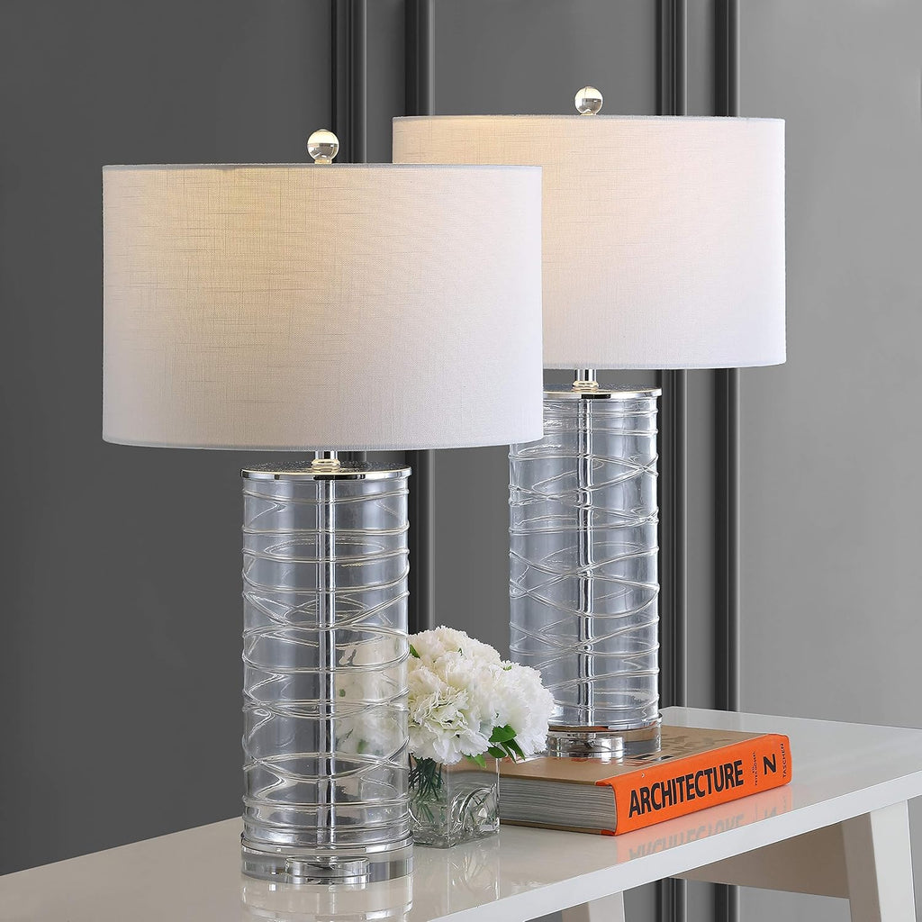 Eyely EYL4016B-SET2 Grace 27.5' Modern Fused Glass Cylinder LED Table Lamp for Reading Room, Living Room, Office, Bedroom, Transitional, Coastal, Glam, Clear (Set of 2)