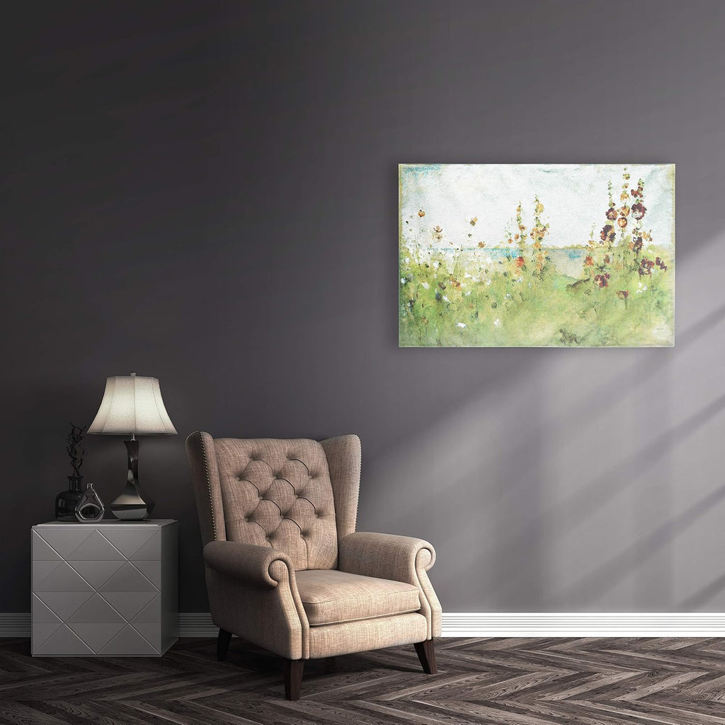 Hollyhocks by the Sea by Cheri Blum | Woven Tapestry Wall Art Hanging | Elegant Impressionist Blooming Coastal Flowers | 100% Cotton USA Size 52x34