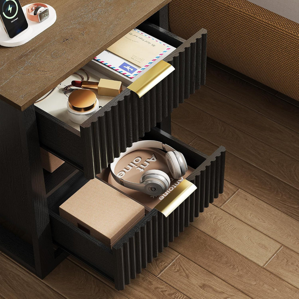 HIFYOBRO Fluted End Table Set of 2 with Charging Station and Motion Sensor Light, Modern Black Side Tables with 2 Drawers and Storage Shelf for Living Room, Bedroom, Guest Room