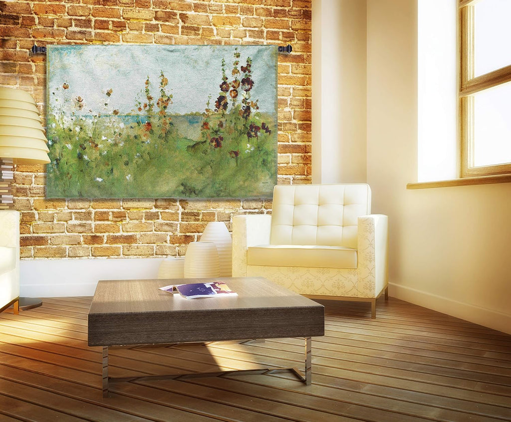 Hollyhocks by the Sea by Cheri Blum | Woven Tapestry Wall Art Hanging | Elegant Impressionist Blooming Coastal Flowers | 100% Cotton USA Size 52x34