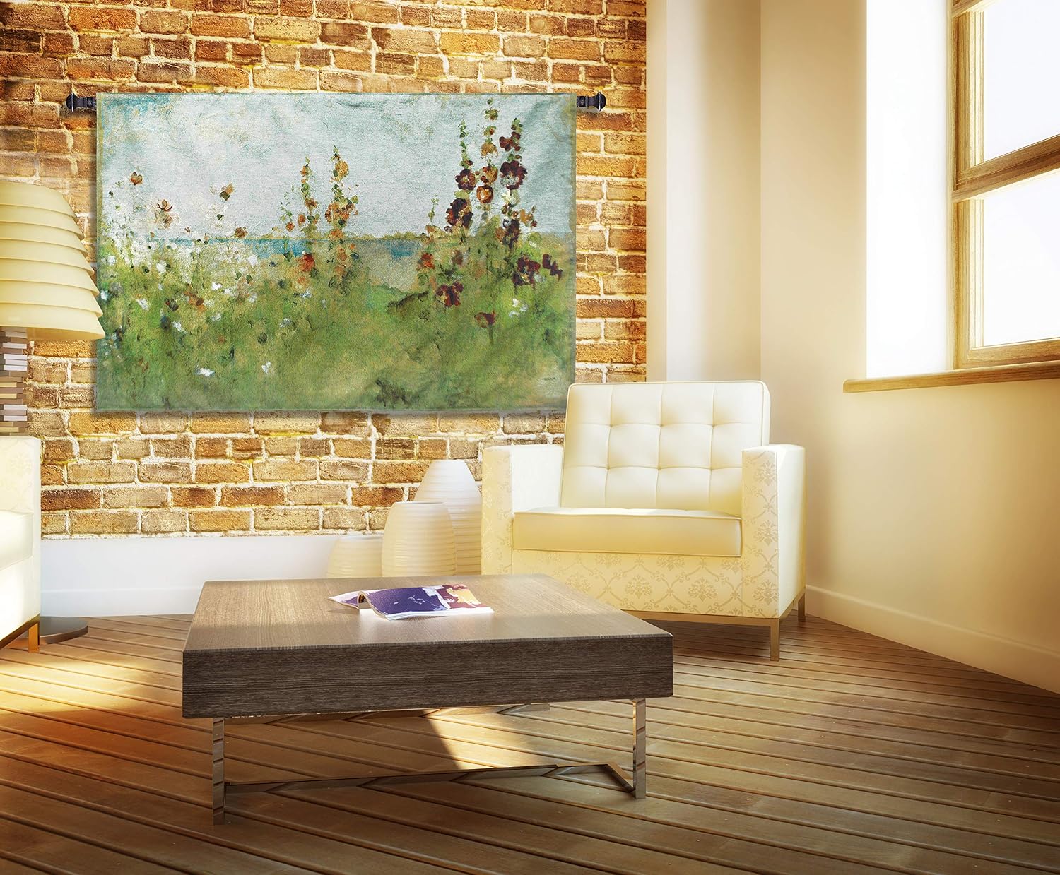 Hollyhocks by the Sea by Cheri Blum | Woven Tapestry Wall Art Hanging | Elegant Impressionist Blooming Coastal Flowers | 100% Cotton USA Size 52x34