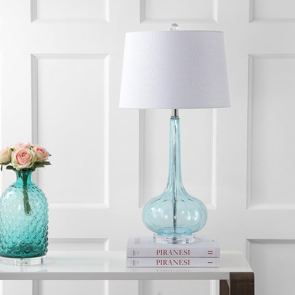 Eyely EYL1079B-SET2 Tiki 28.5' Glass Teardrop LED Table Lamp for Reading Room, Living Room, Office, Bedroom, Contemporary, Transitional, Aqua (Set of 2)