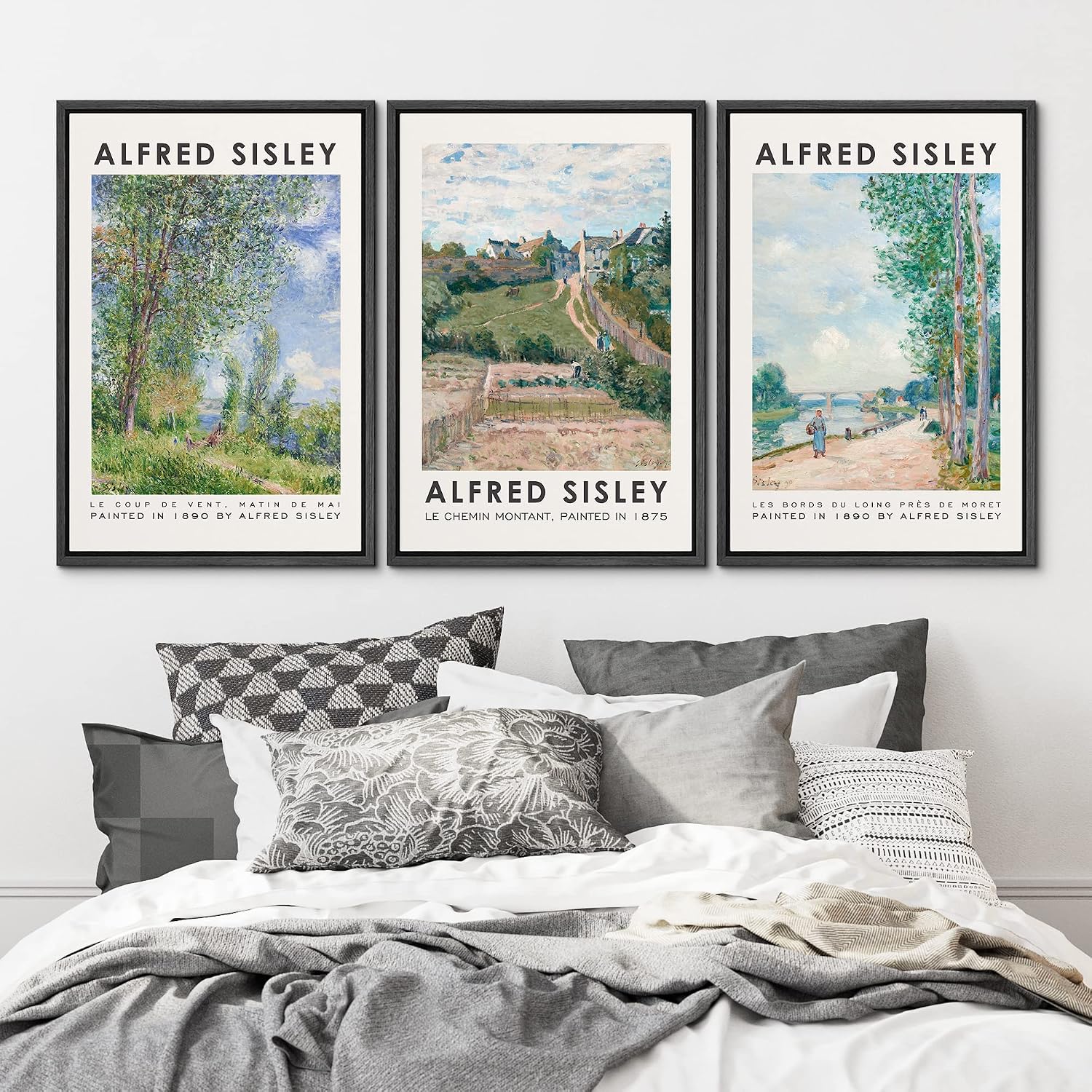 MUDECOR Framed Canvas Print Wall Art Set Alfred Sisley Watercolor Landscapes Nature Wilderness Wilderness Illustration Modern Art Decorative Realism Rustic Vintage for Bedroom - 24'x36'x3 Black