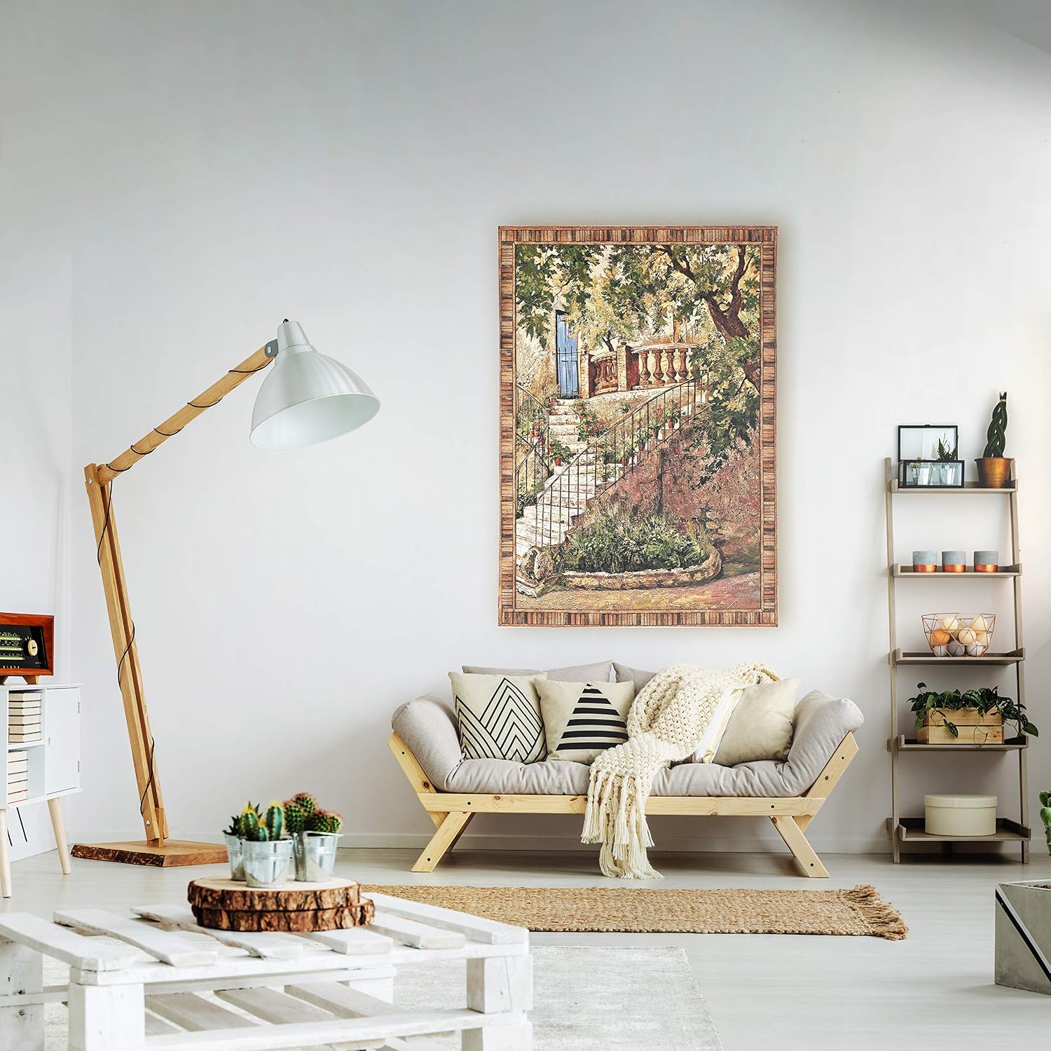 Tuscan Villa I by Roger Duvall | Woven Tapestry Wall Art Hanging | Rustic Italian Steps with Foliage | 100% Cotton USA Size 53x40