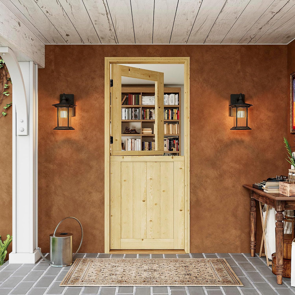 Interior & Exterior Dutch Door Slab, 32' x 80', Universal Tempered Clear Glass Split Single Doors, Solid Core Home Door, Natural Pine Wood - with 4 Black Hinges & 1 Latch, Without Jamb