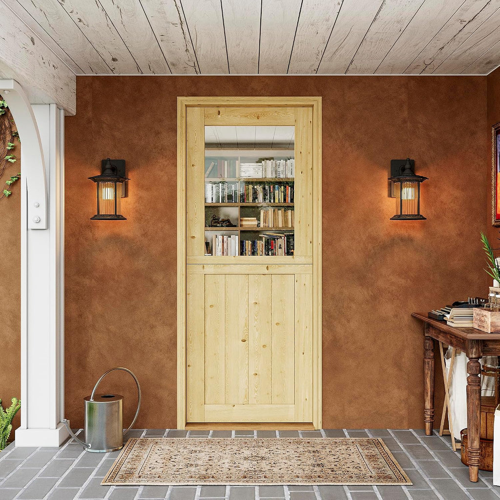 Interior & Exterior Dutch Door Slab, 32' x 80', Universal Tempered Clear Glass Split Single Doors, Solid Core Home Door, Natural Pine Wood - with 4 Black Hinges & 1 Latch, Without Jamb