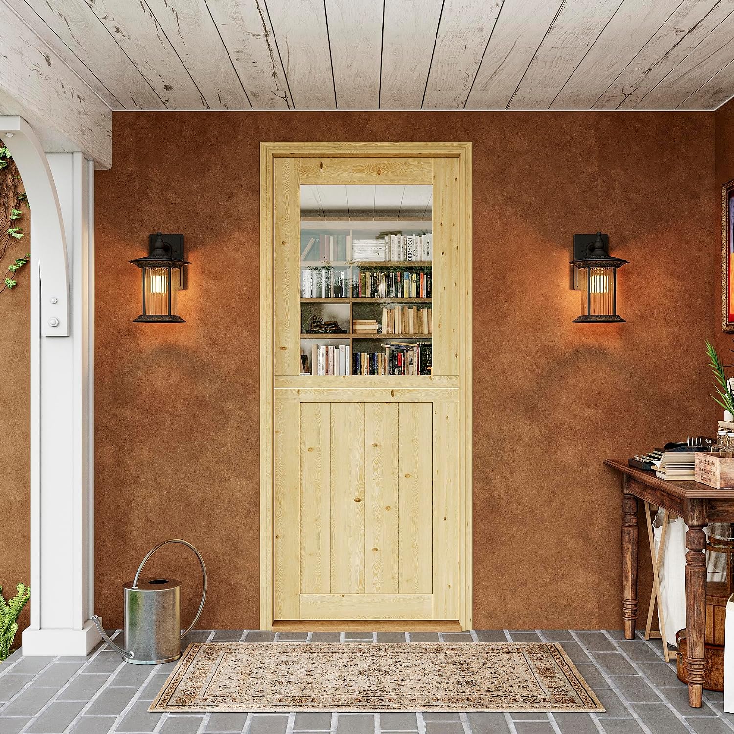 Interior & Exterior Dutch Door Slab, 32' x 80', Universal Tempered Clear Glass Split Single Doors, Solid Core Home Door, Natural Pine Wood - with 4 Black Hinges & 1 Latch, Without Jamb