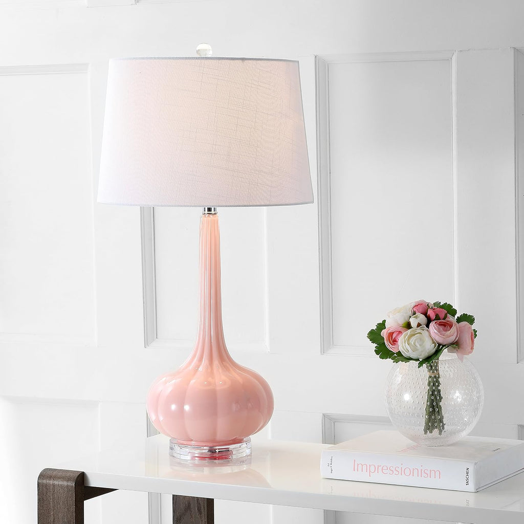 Eyely EYL1079A-SET2 Manhattan 28.5' Glass Teardrop LED Table Lamp for Reading Room, Living Room, Office, Bedroom, Contemporary, Transitional, Pink (Set of 2)