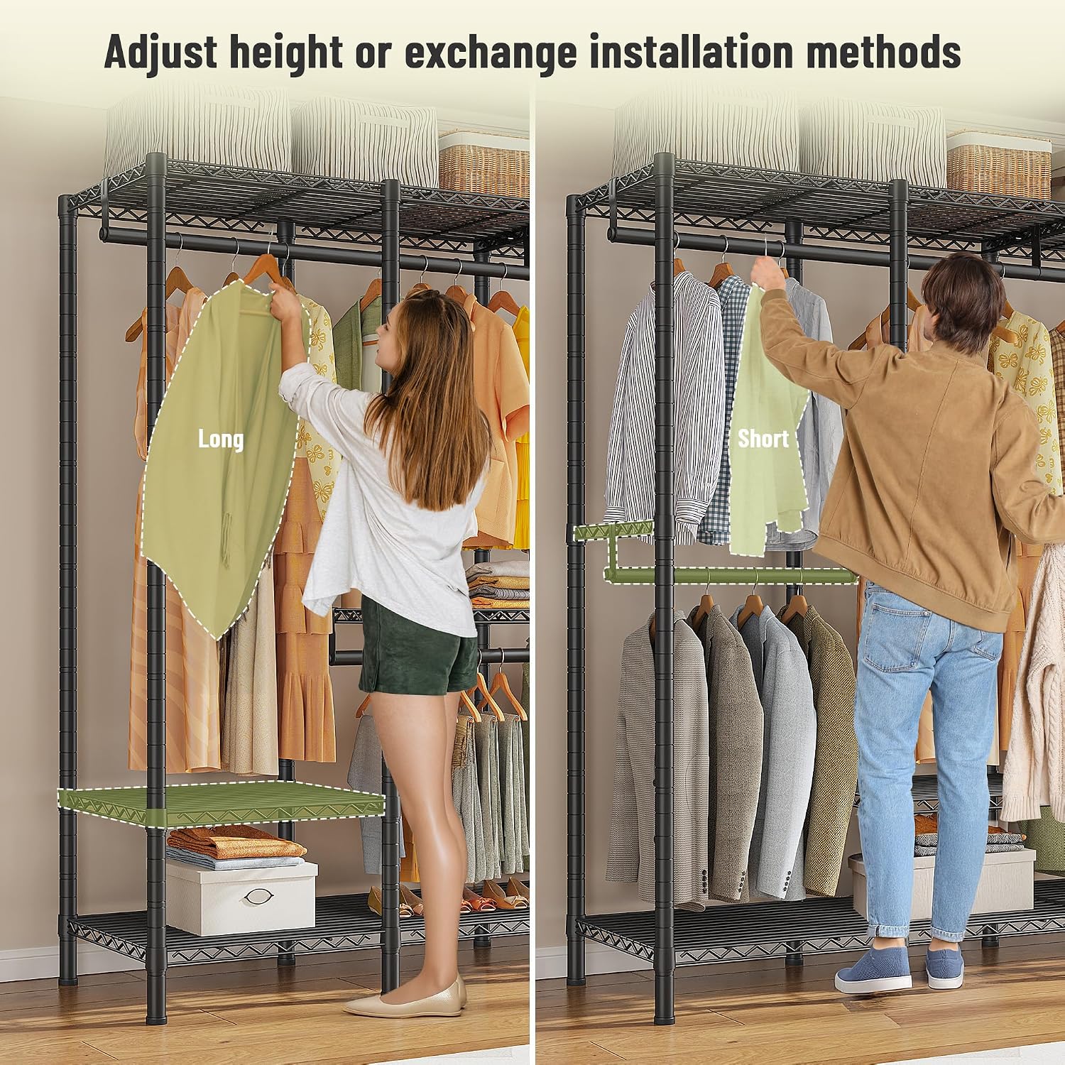 Raybee Clothes Rack for Hanging Clothes,Clothing Rack with Shelves,Portable Closet,Adjustable,76' W x 77' H x 18' D,Max Load 1150lbs,Black