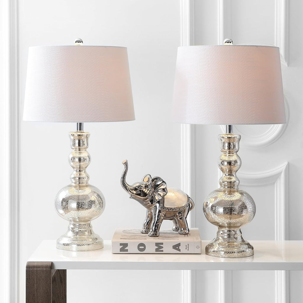 JONATHAN Y 28.5' Mercury Silver Glass Table Lamp Set of 2 for Living Room Bedroom Decor, Modern Bedside Lamps with White Linen Shade, LED Bulbs Included (JYL1061D-SET2)