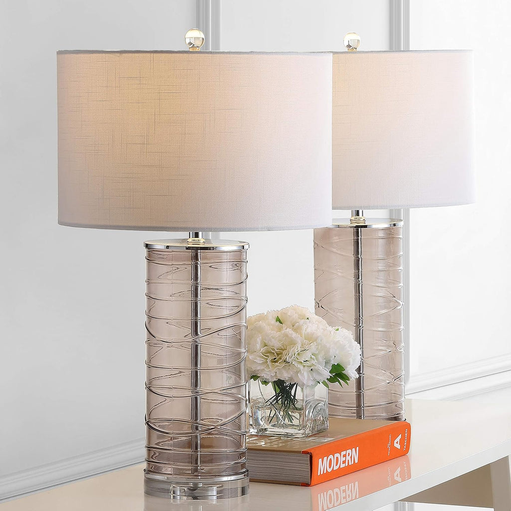 Eyely EYL4016C-SET2 Bailey 27.5' Modern Fused Glass Cylinder LED Table Lamp for Reading Room, Living Room, Office, Bedroom, Transitional, Coastal, Glam, Smoky Gray (Set of 2)