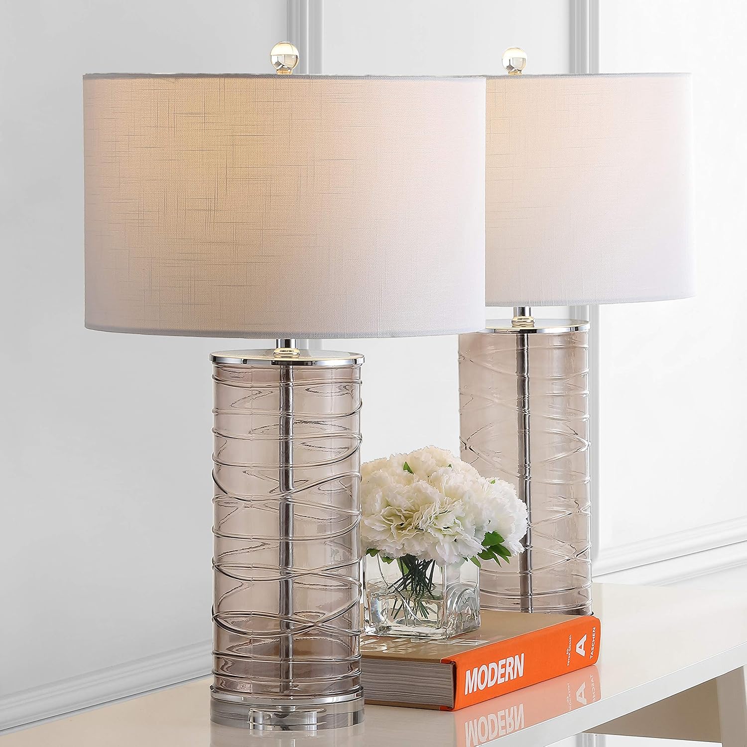 Eyely EYL4016C-SET2 Bailey 27.5' Modern Fused Glass Cylinder LED Table Lamp for Reading Room, Living Room, Office, Bedroom, Transitional, Coastal, Glam, Smoky Gray (Set of 2)