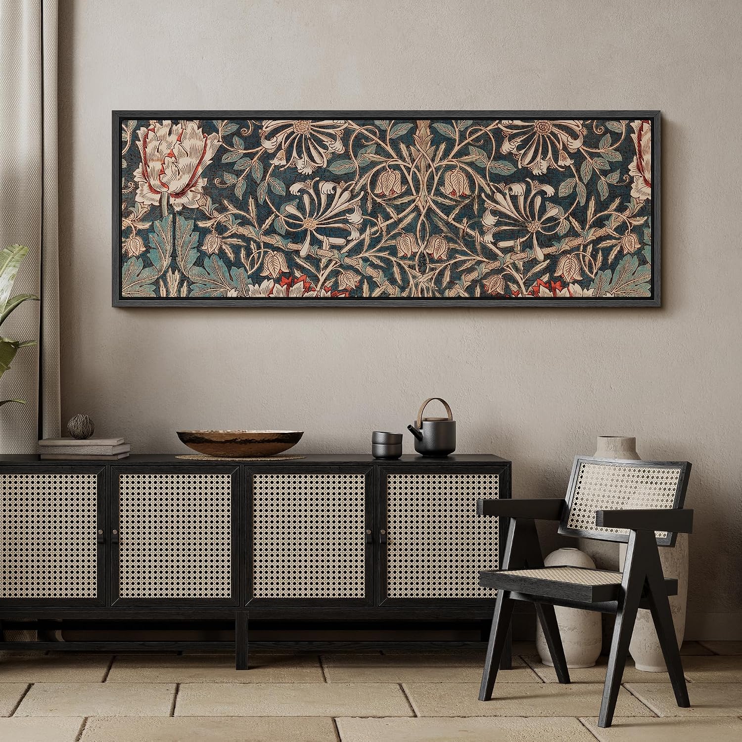 MUDECOR Large Framed Canvas Print Wall Art William Morris Style Floral Tapestry Vintage Botanical Pattern Antique Retro Ready to Hang Painting for Living Room Bedroom Multi-Sizes - 60'x20'