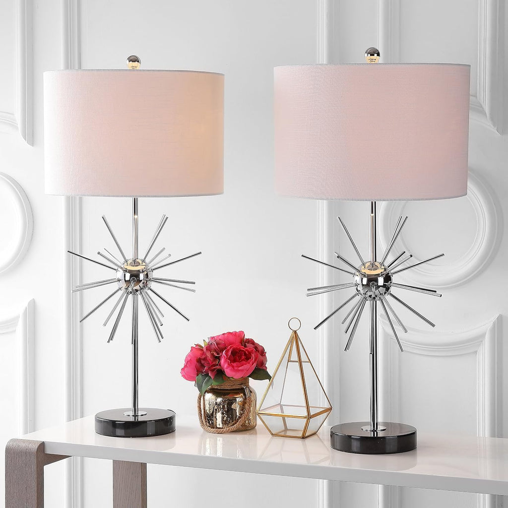 JONATHAN Y 31.5' Chrome Metal and Marble Starburst LED Table Lamp Set of 2, Mid-Century Modern Glam Lamp for Living Room Bedroom, White Linen Shade, LED Bulbs Included JYL2011A-SET2