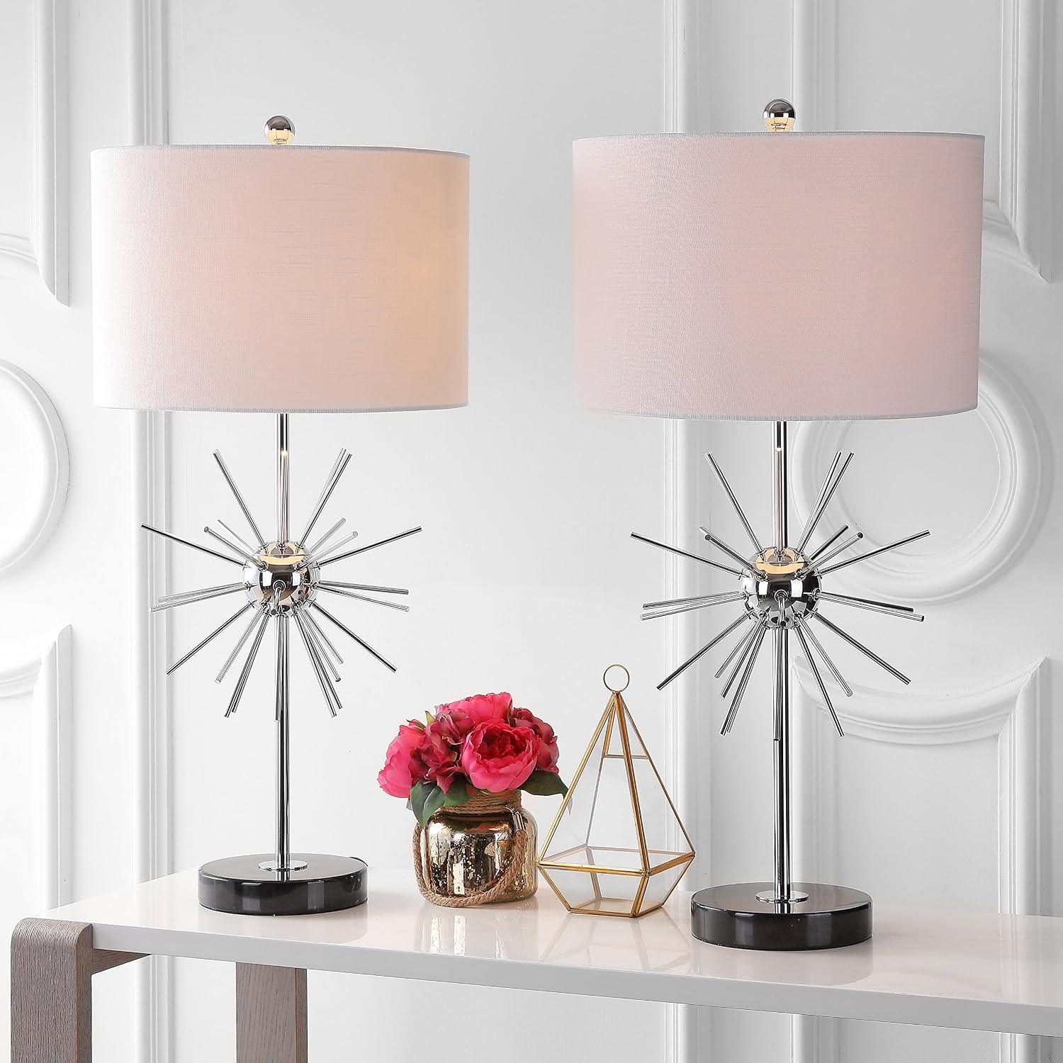 JONATHAN Y 31.5' Chrome Metal and Marble Starburst LED Table Lamp Set of 2, Mid-Century Modern Glam Lamp for Living Room Bedroom, White Linen Shade, LED Bulbs Included JYL2011A-SET2
