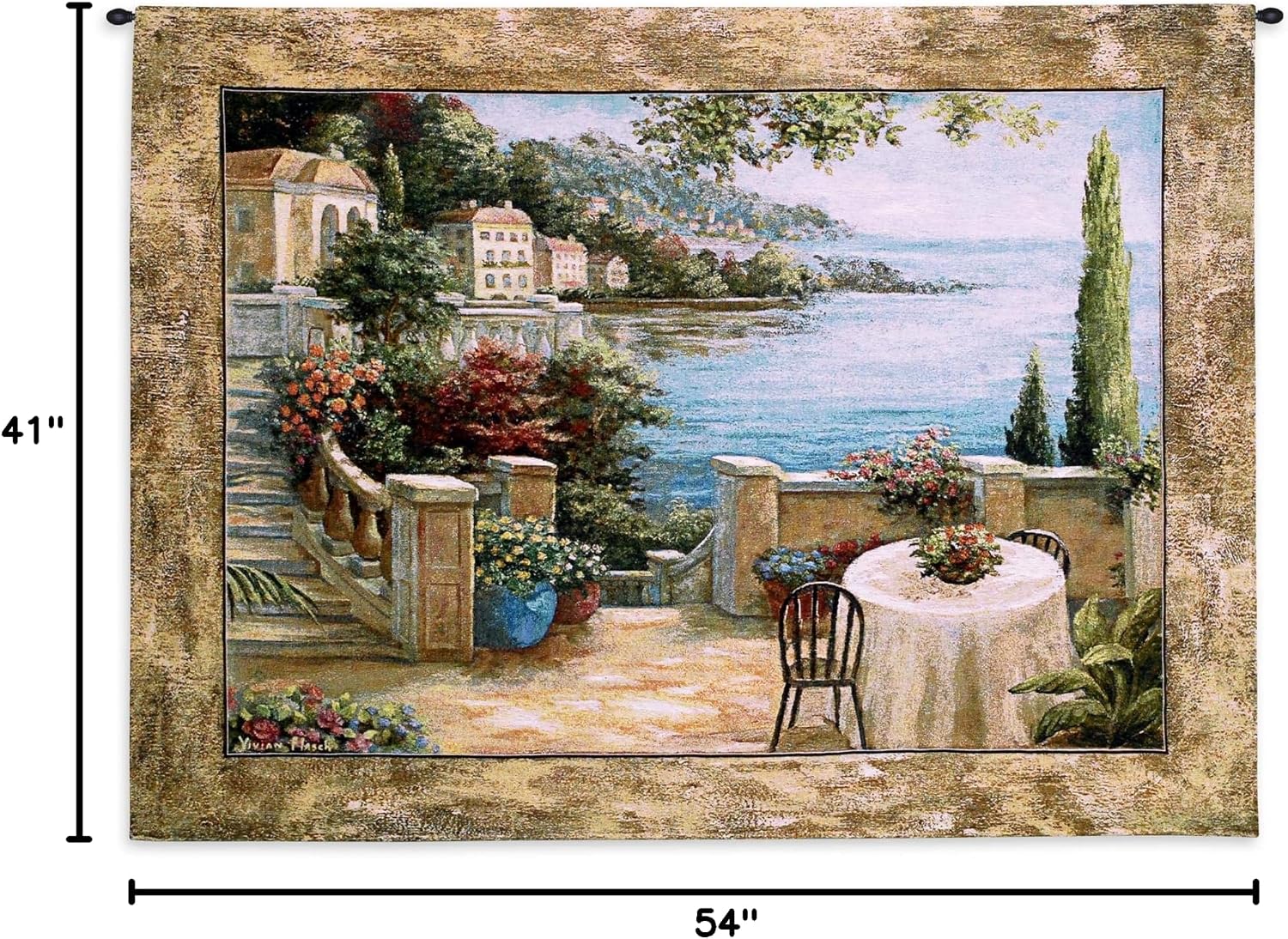 Mediterranean Terrace II by Vivian Flasch | Woven Tapestry Wall Art Hanging | Italian Villa Seaside Coastal Theme | 100% Cotton USA Size 54x41