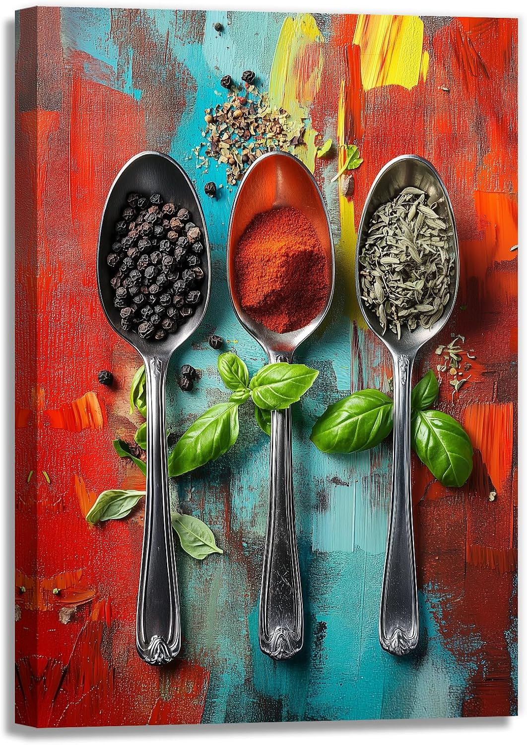 Kitchen Canvas Wall Art Colorful Spices Seasoning On Spoon Picture Print Abstract Contemporary Modern Artwork For Living Room Dining Room Hotel Decor(Artwork-6,28'x42')
