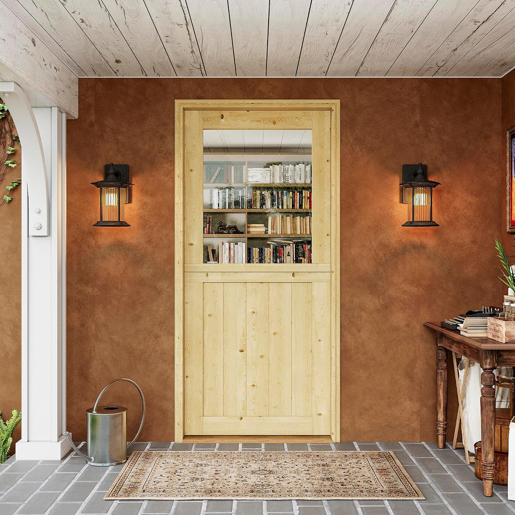 Interior & Exterior Dutch Door Slab, 36' x 80', Universal Tempered Clear Glass Split Single Doors, Solid Core Home Door, Natural Pine Wood - with 4 Black Hinges & 1 Latch, Without Jamb