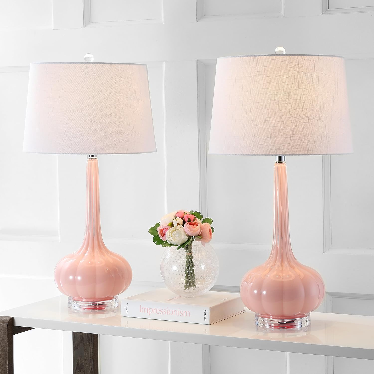 Eyely EYL1079A-SET2 Manhattan 28.5' Glass Teardrop LED Table Lamp for Reading Room, Living Room, Office, Bedroom, Contemporary, Transitional, Pink (Set of 2)