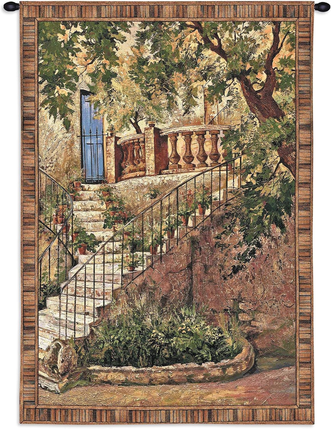 Tuscan Villa I by Roger Duvall | Woven Tapestry Wall Art Hanging | Rustic Italian Steps with Foliage | 100% Cotton USA Size 53x40