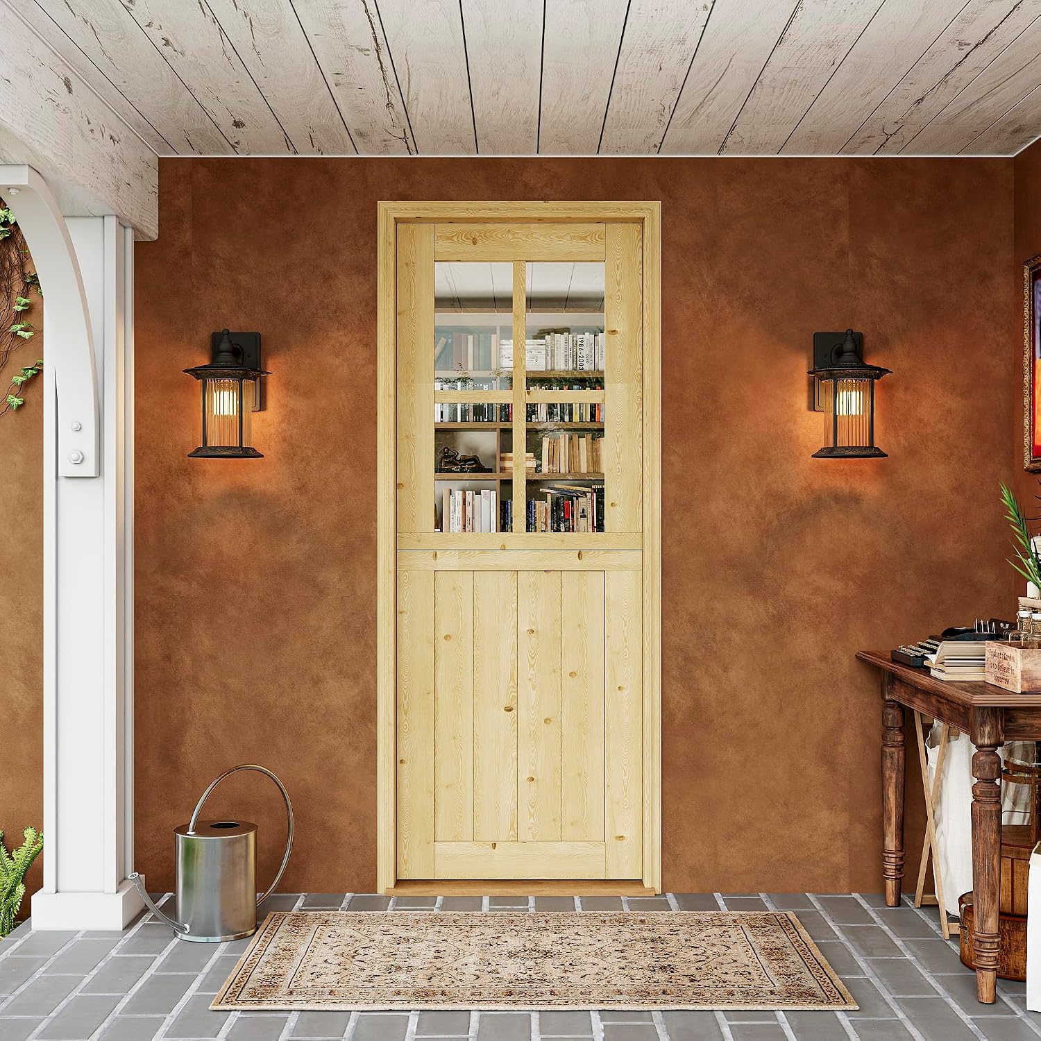 Interior & Exterior Dutch Door Slab, 30' x 80', Universal 4 Lite Tempered Clear Glass Split Single Door, Solid Core Home Door, Natural Pine Wood - with 4 Hinges & 1 Latch, Without Jamb