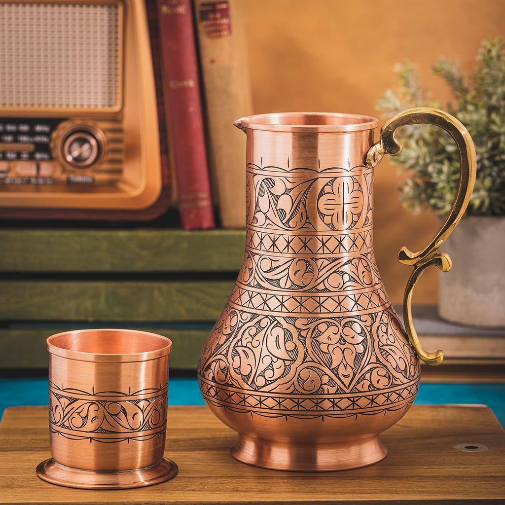 KS Series - Copper Pitcher (45 oz) and Cup (7.7 oz) Set, Moscow Mule Water Jug, Ice Tea and Juice Beverage, Desktop/Bedside Night Water Carafe, Ayurvedic Decanter (Engraved-Matte)