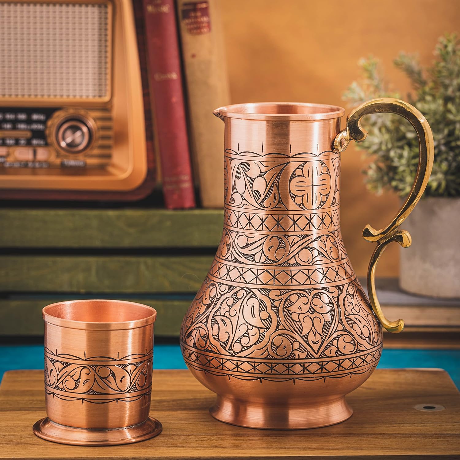KS Series - Copper Pitcher (45 oz) and Cup (7.7 oz) Set, Moscow Mule Water Jug, Ice Tea and Juice Beverage, Desktop/Bedside Night Water Carafe, Ayurvedic Decanter (Engraved-Matte)