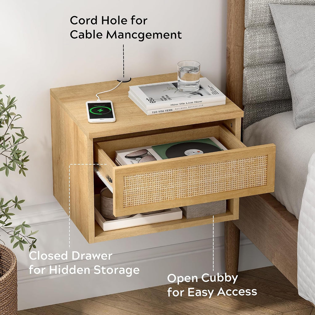 EYYTHUNG Small Rattan Floating Nightstands with Drawer Set of 4, Wall Mounted TV Stands with Open Compartment Modern Night Stand Wooden Bedside Table Storage Cabinet for Bedroom, Entryway Natural Oak