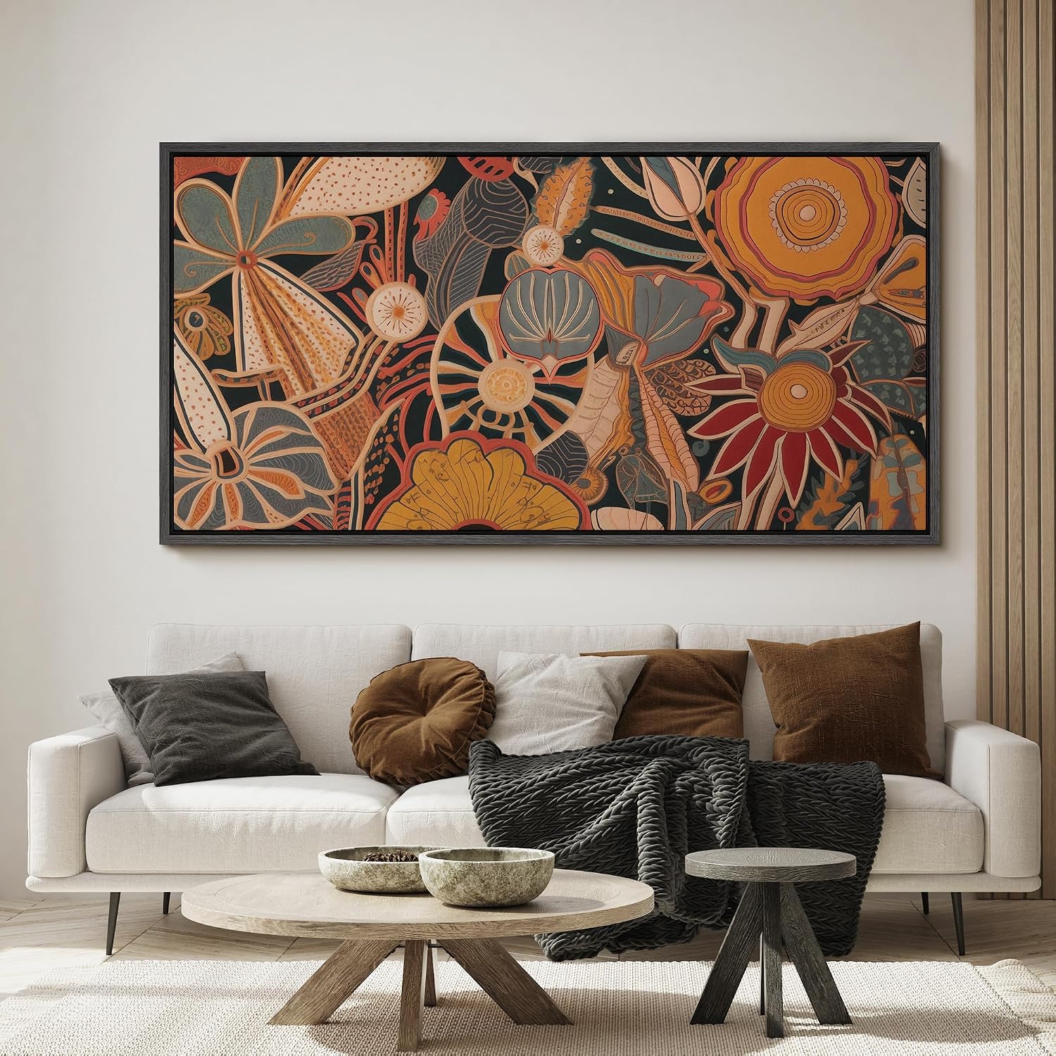 MUDECOR Extra Large Framed Canvas Print Wall Art Retro Botanical Abstraction Earth-Toned Vintage Floral Antique Retro Ready to Hang Painting for Living Room Bedroom Multi-Sizes - 60'x30'