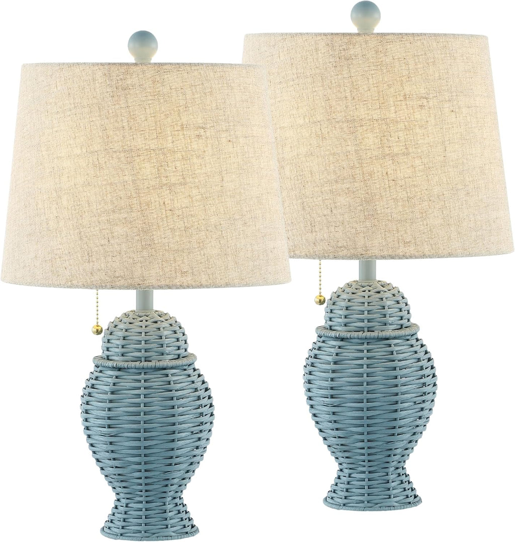 JONATHAN Y 20.5' Blue Wicker Table Lamp Set of 2, Bohemian Rustic Farmhouse Bedside Lamps for Living Room, Nightstand Desk Lamps with Beige Linen Shade, LED Bulbs Included (JYL4041B-SET2)