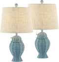 JONATHAN Y 20.5' Blue Wicker Table Lamp Set of 2, Bohemian Rustic Farmhouse Bedside Lamps for Living Room, Nightstand Desk Lamps with Beige Linen Shade, LED Bulbs Included (JYL4041B-SET2)