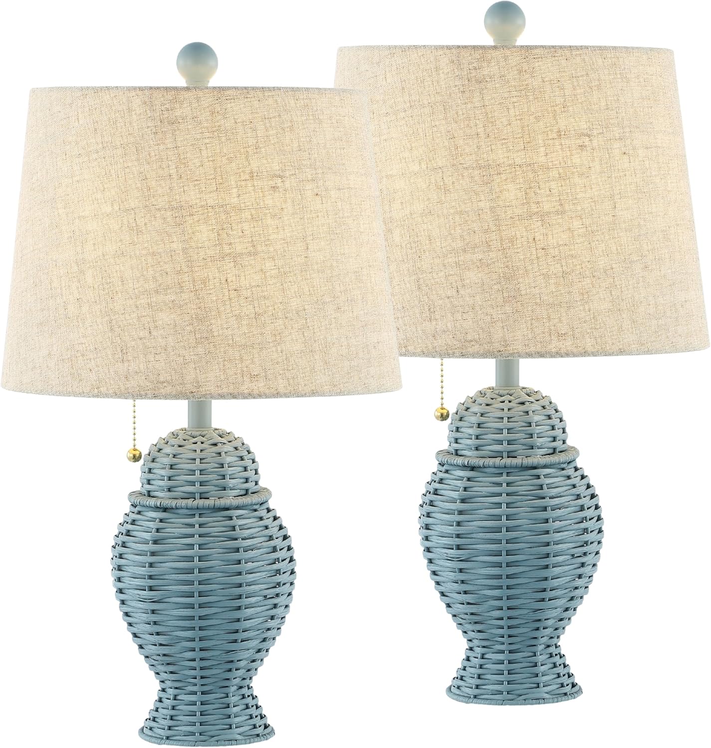 JONATHAN Y 20.5' Blue Wicker Table Lamp Set of 2, Bohemian Rustic Farmhouse Bedside Lamps for Living Room, Nightstand Desk Lamps with Beige Linen Shade, LED Bulbs Included (JYL4041B-SET2)