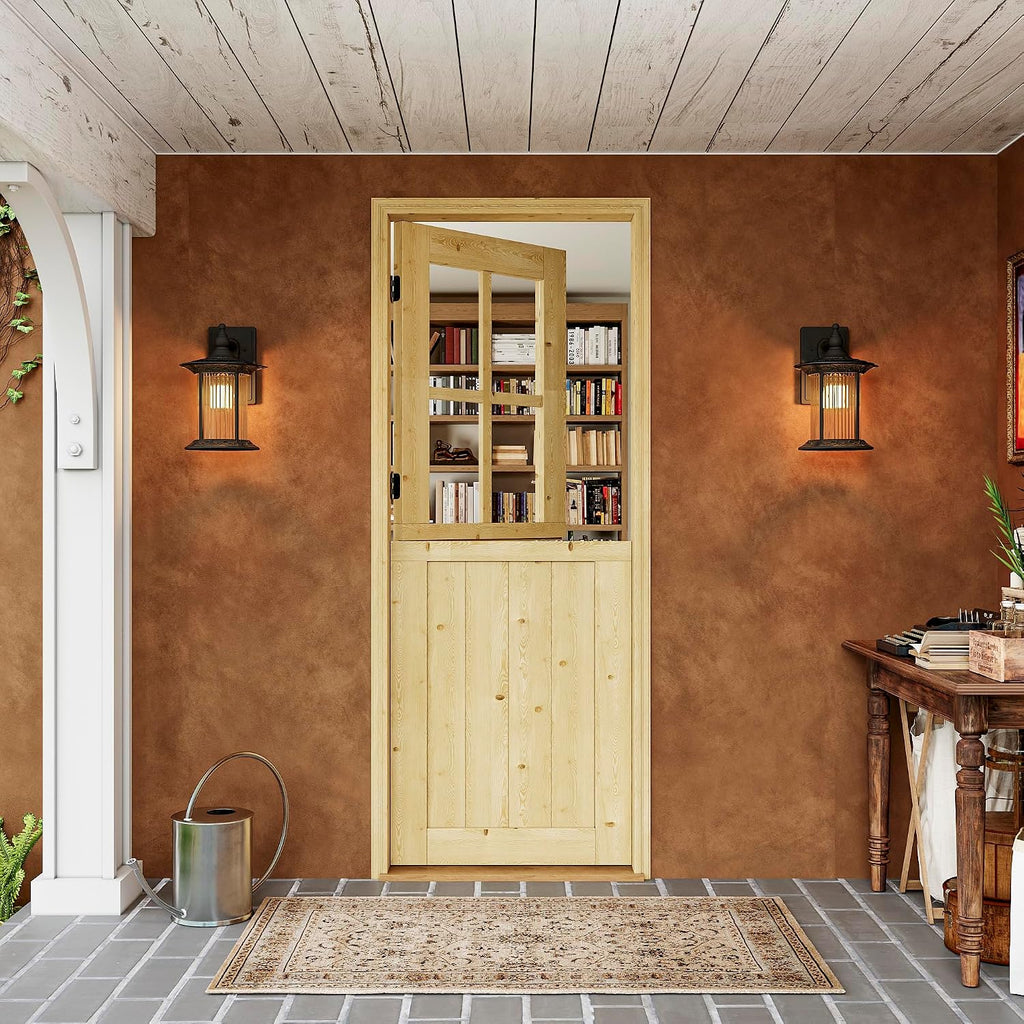 Interior & Exterior Dutch Door Slab, 30' x 80', Universal 4 Lite Tempered Clear Glass Split Single Door, Solid Core Home Door, Natural Pine Wood - with 4 Hinges & 1 Latch, Without Jamb