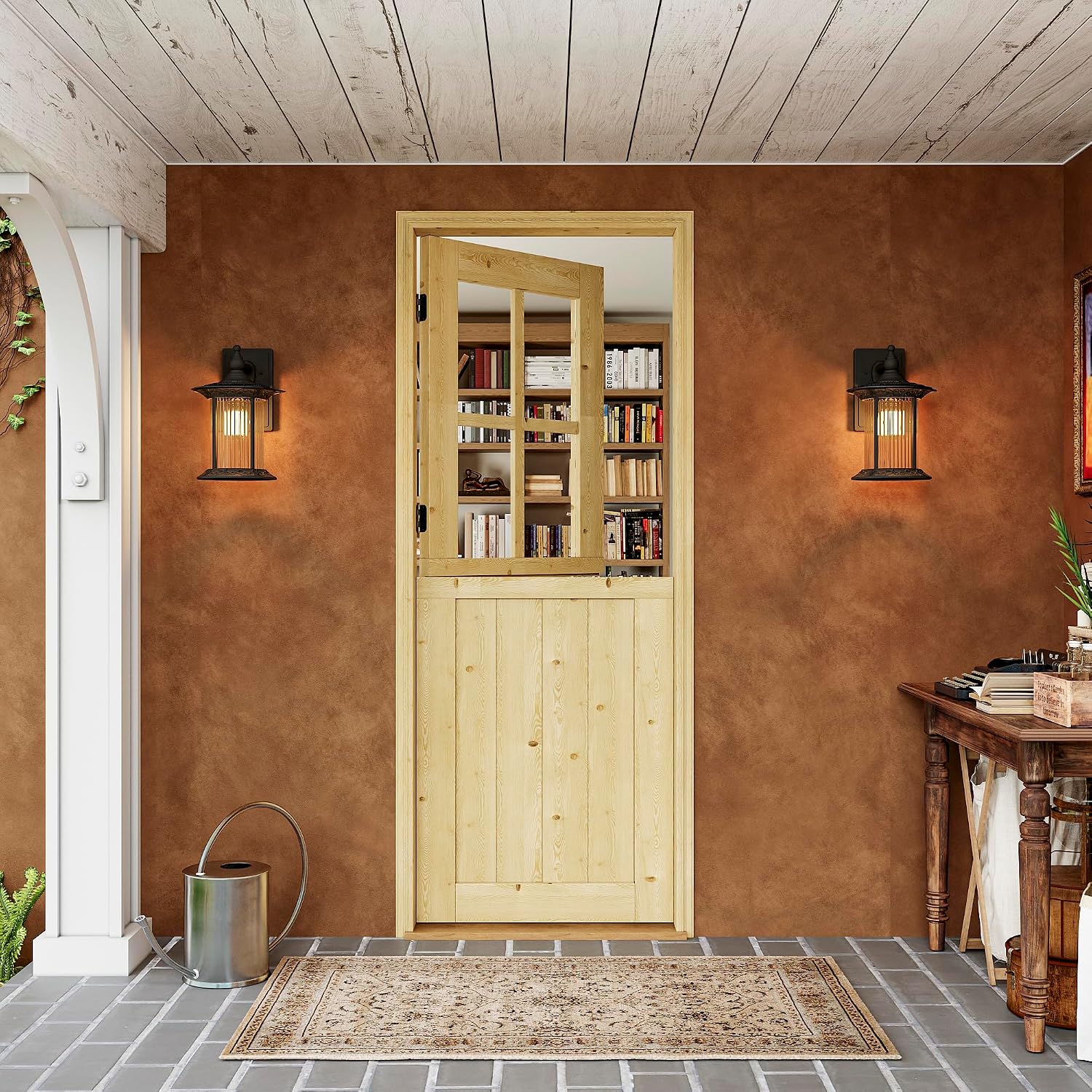 Interior & Exterior Dutch Door Slab, 30' x 80', Universal 4 Lite Tempered Clear Glass Split Single Door, Solid Core Home Door, Natural Pine Wood - with 4 Hinges & 1 Latch, Without Jamb