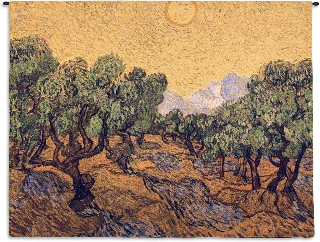 Olive Trees with Yellow Sky and Sun by Vincent van Gogh | Woven Tapestry Wall Art Hanging | Wild Olive Trees in Bright Sun | 100% Cotton USA Size 53x40